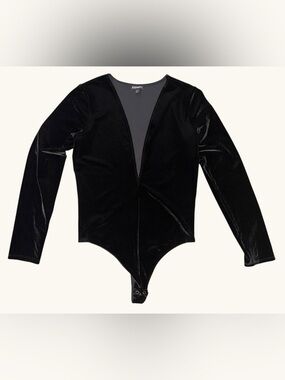 EXPRESS Black Velvet Deep V Long-Sleeve Double Snap Bodysuit, M